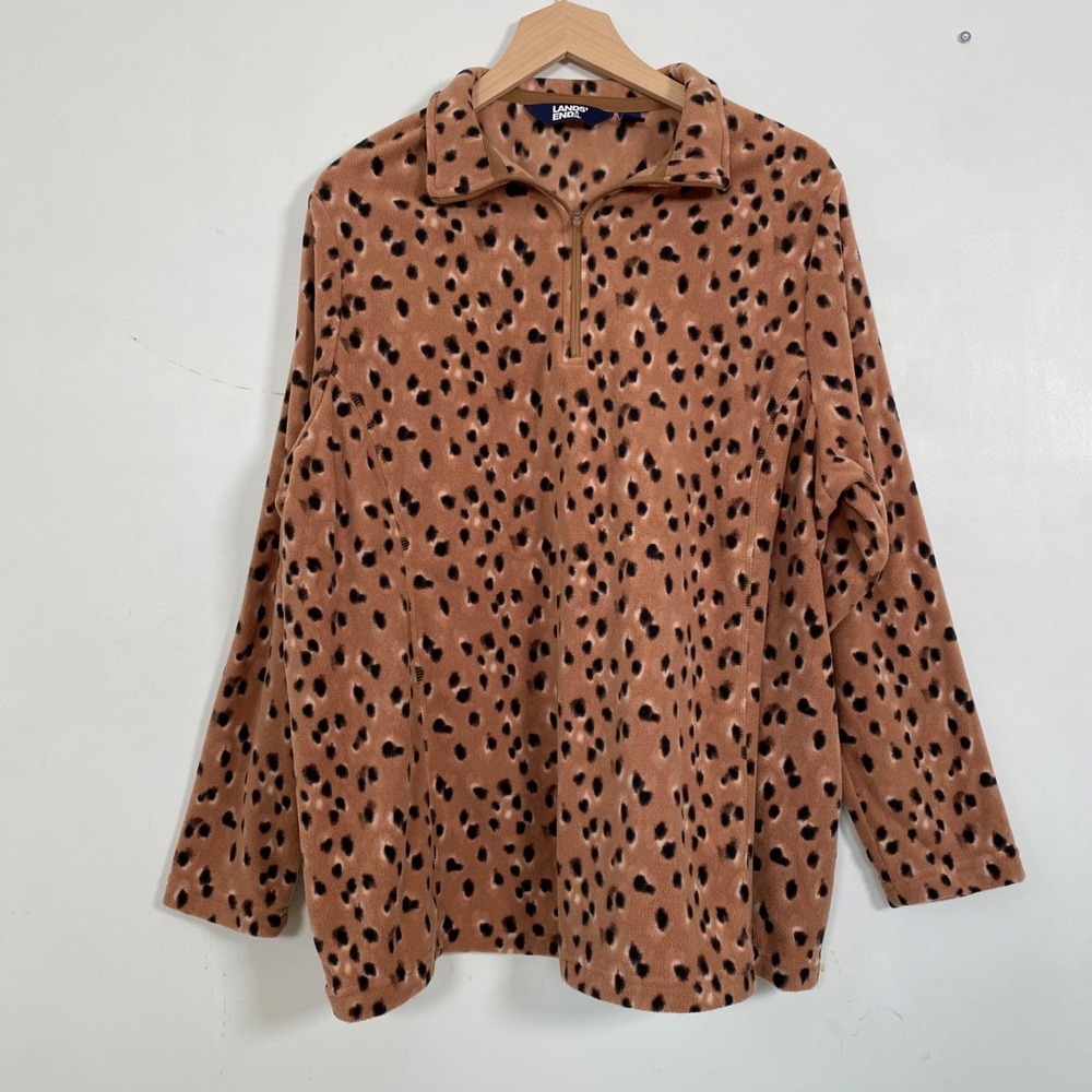 Lands End Womens Fleece Animal Print 1/4 Zip Pullover Size 1X Athletic Leopard
